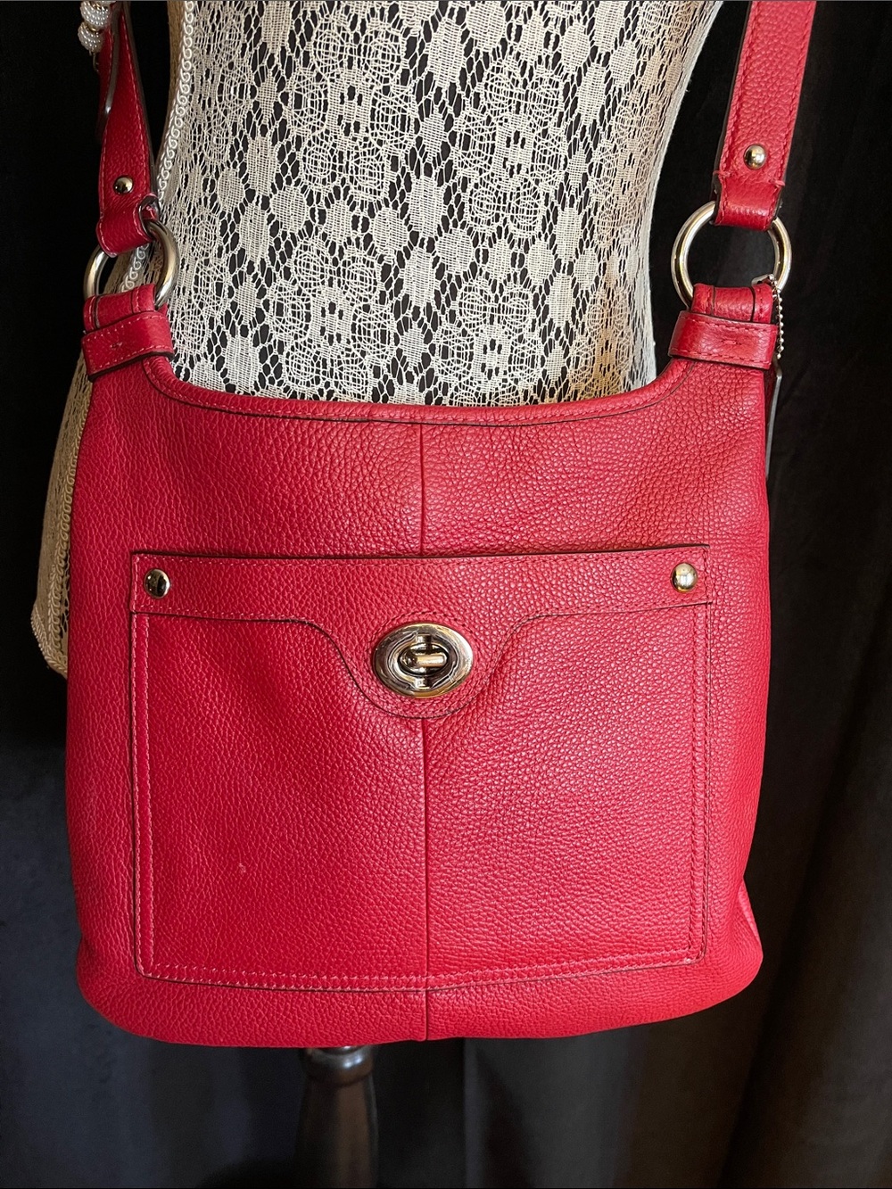 Coach Red Pebbled Leather Shoulder/Crossbidy Bag with Turnlock Pocket